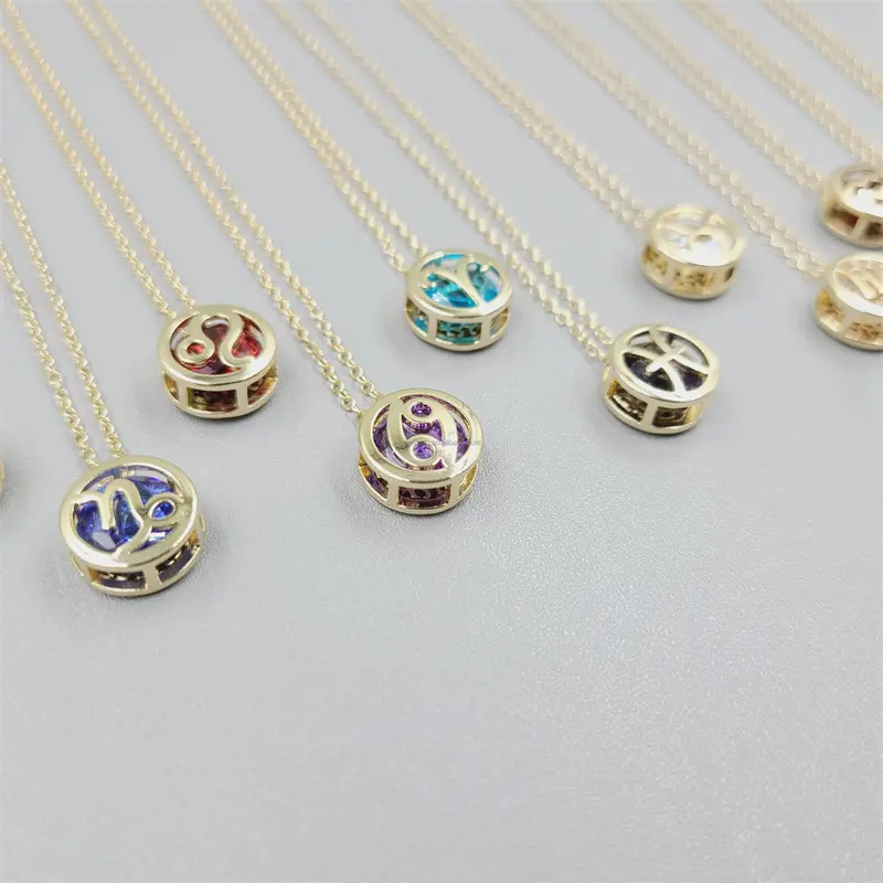 Double-Sided Openwork Zodiac Necklace – Cubic Zirconia Pendant Choker With Gold-Plated Chain