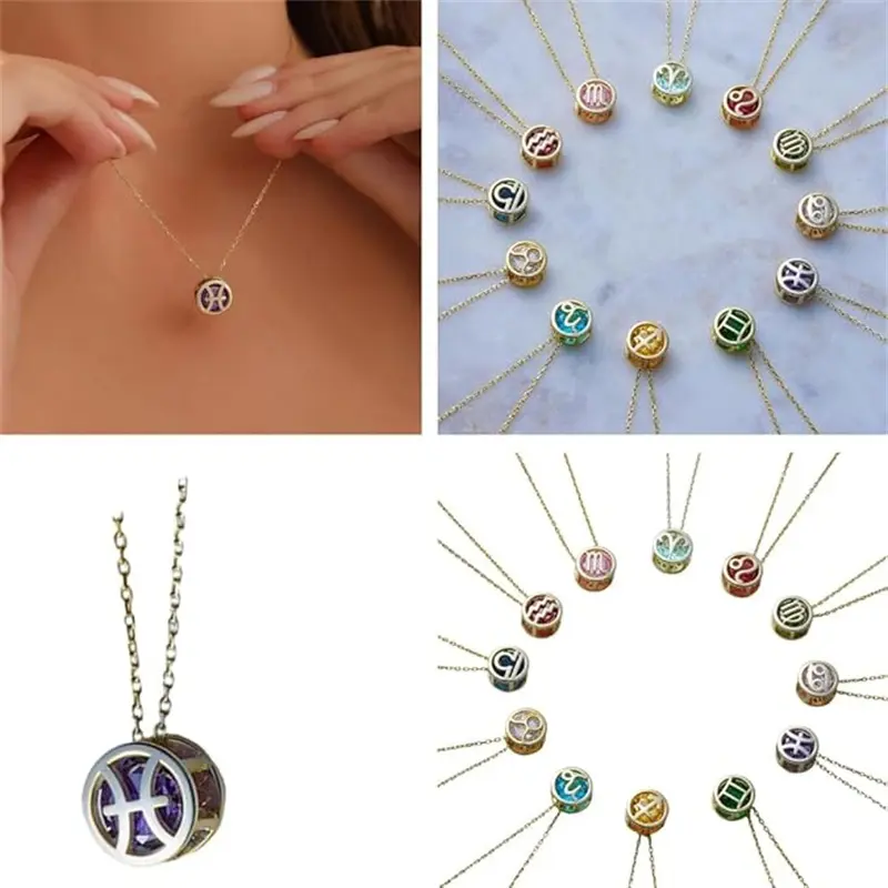 Double-Sided Openwork Zodiac Necklace – Cubic Zirconia Pendant Choker With Gold-Plated Chain