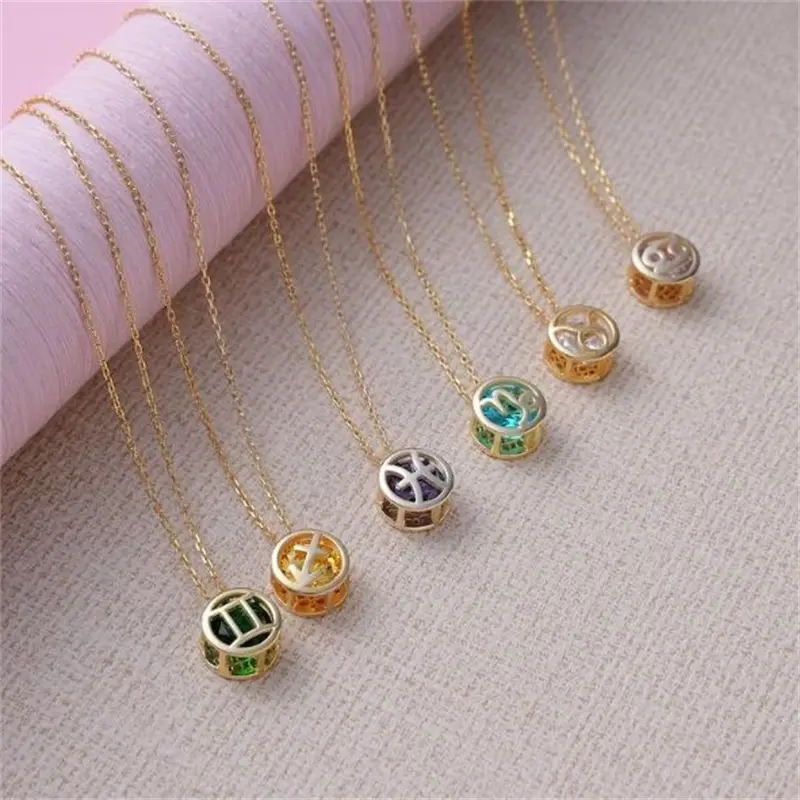 Double-Sided Openwork Zodiac Necklace – Cubic Zirconia Pendant Choker With Gold-Plated Chain