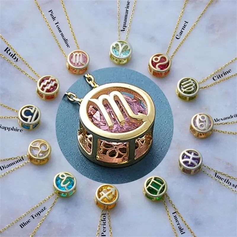 Double-Sided Openwork Zodiac Necklace – Cubic Zirconia Pendant Choker With Gold-Plated Chain