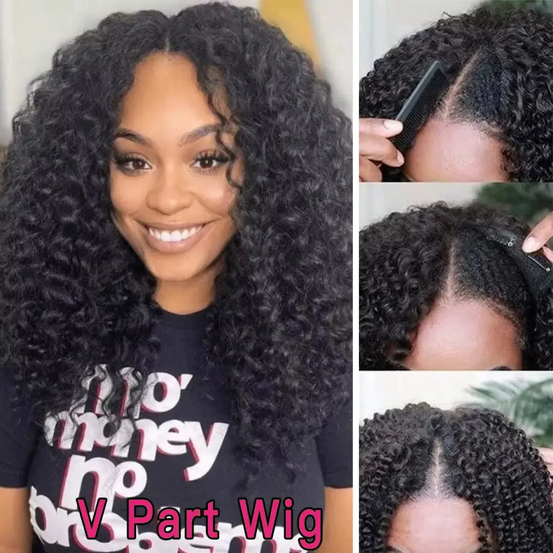 200 Density Loose Curly V Part Wig Human Hair Wig Deep Afro Curly V Part Wig 30 40 Inch Remy Hair V Part Wigs for Women on Sale