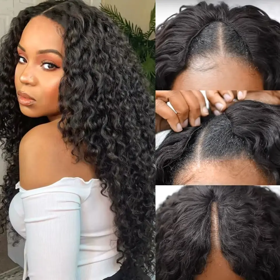 200 Density Loose Curly V Part Wig Human Hair Wig Deep Afro Curly V Part Wig 30 40 Inch Remy Hair V Part Wigs for Women on Sale