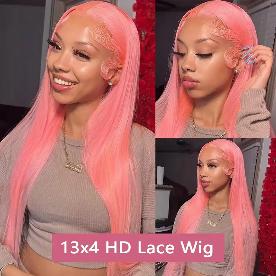 13x6 hd lace frontal human hair wig for women choice 100% Brazilian 30 inch lace front Pink colored bone straight wigs on sale