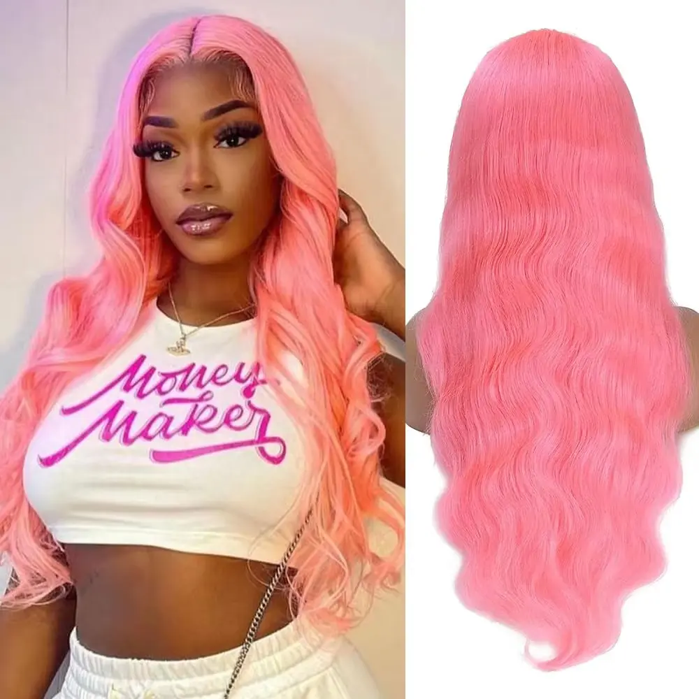 Pink body wave 13x6 hd lace frontal human hair wig for women 100% Brazilian water wave 30 inch lace front colored wigs on sale