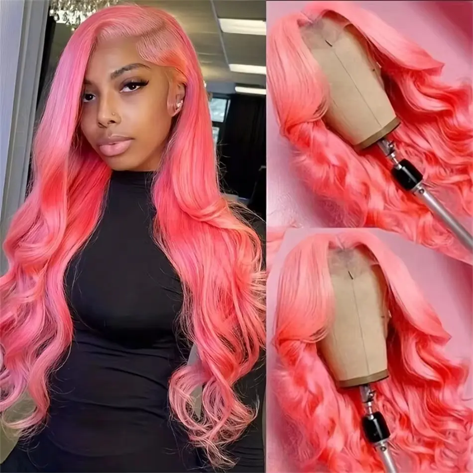 Pink body wave 13x6 hd lace frontal human hair wig for women 100% Brazilian water wave 30 inch lace front colored wigs on sale