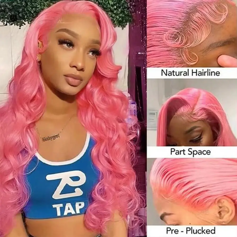 Pink body wave 13x6 hd lace frontal human hair wig for women 100% Brazilian water wave 30 inch lace front colored wigs on sale