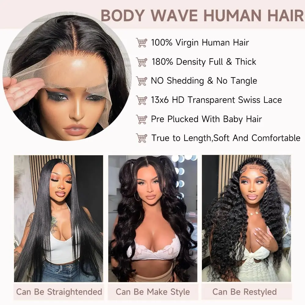 40 Inch Body Wave Lace Front Wigs Human Hair Pre Plucked 200 Density HD Transparent Lace Frontal Wig Human Hair Cheap on Sale