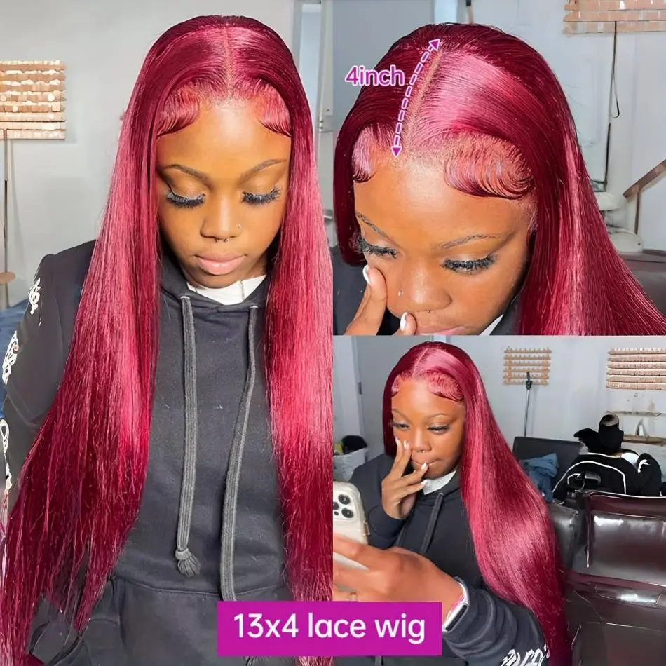 Straight Human Hair Wigs Burgundy 13x6 HD Lace Frontal Human Hair Wig 200 Density Brazilian Hair Wigs Pre Plucked for women
