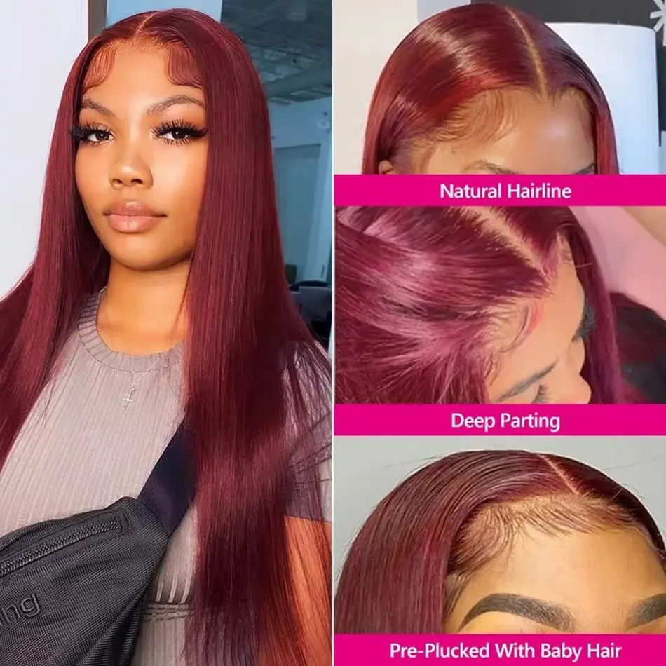Straight Human Hair Wigs Burgundy 13x6 HD Lace Frontal Human Hair Wig 200 Density Brazilian Hair Wigs Pre Plucked for women