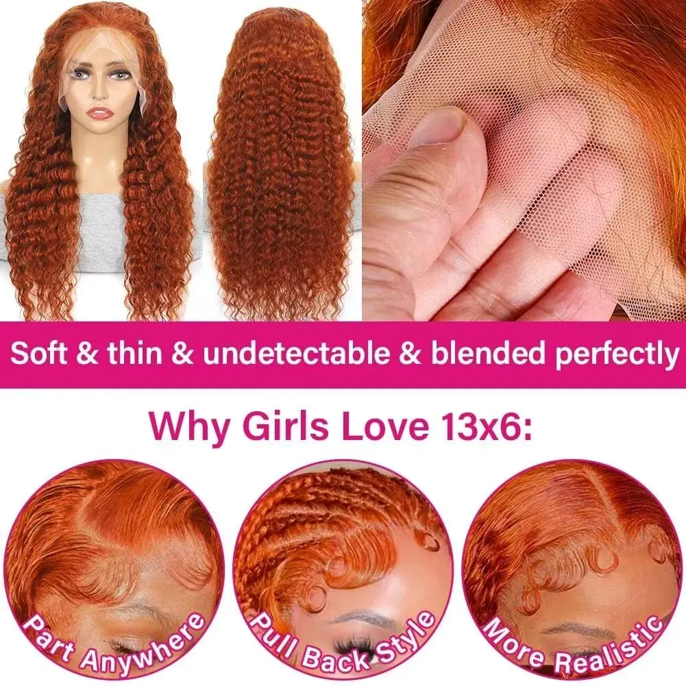 13x6 HD Lace Frontal Wig Deep Wave Frontal Wigs Orange Ginger Human Hair Wigs Curly Wigs 100% Human Hair Brazilian Hair Wigs