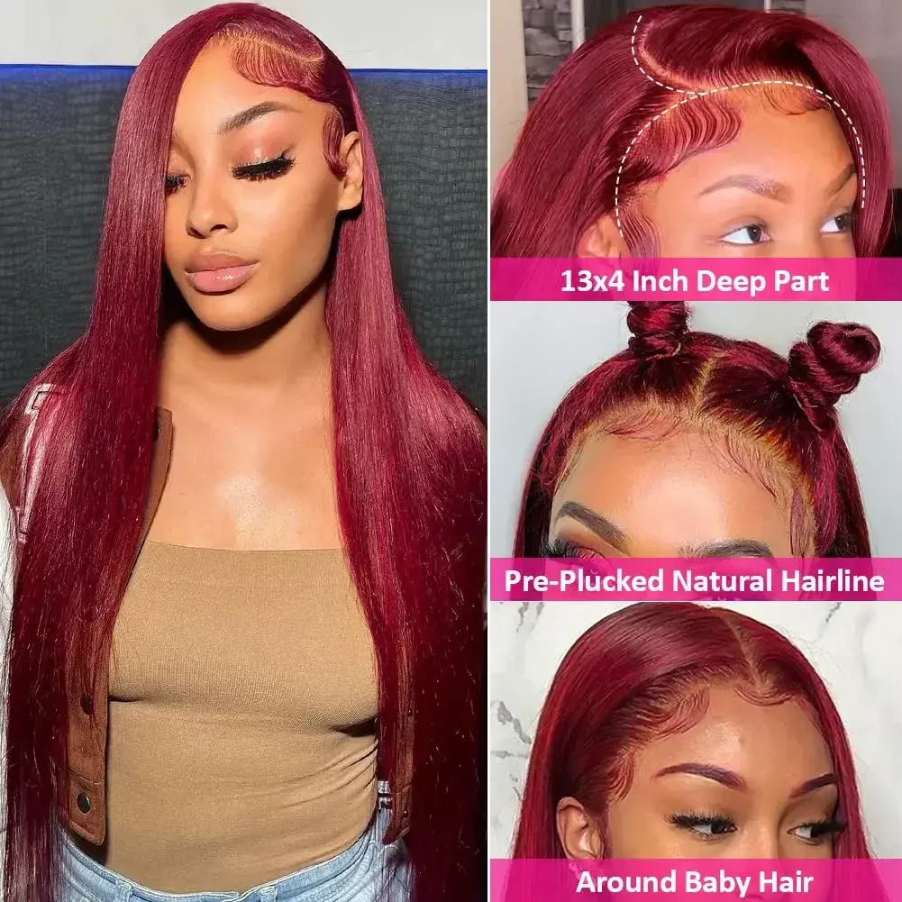 Burgundy 13x6 lace frontal wigs human hair 30 inch hd lace front wigs for women Bone Straight 13x4 Brazilian Glueless wigs