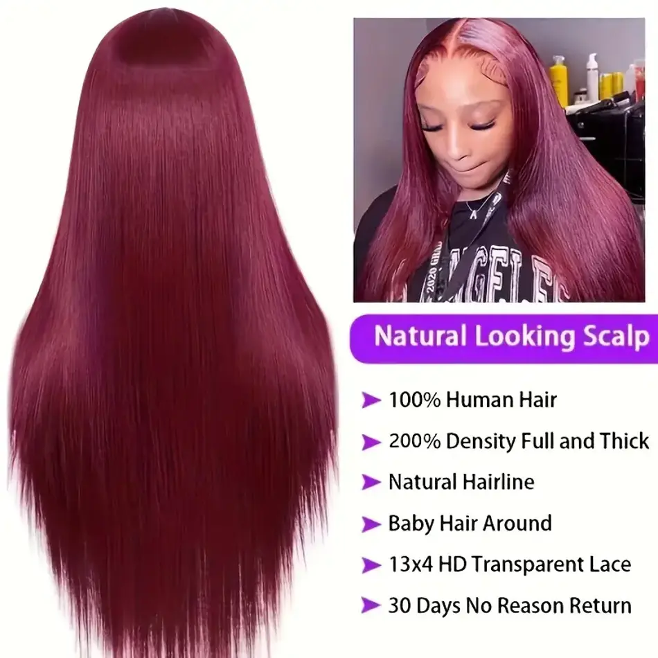 Burgundy 13x6 lace frontal wigs human hair 30 inch hd lace front wigs for women Bone Straight 13x4 Brazilian Glueless wigs