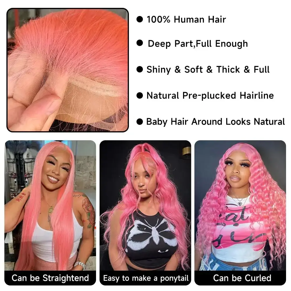 30 38 Inch Pink Lace Front Wig Human Hair 13x6 Wavy Hd Lace Frontal Wig For Women Body Wave Brazilian Light Pink Colored Wigs