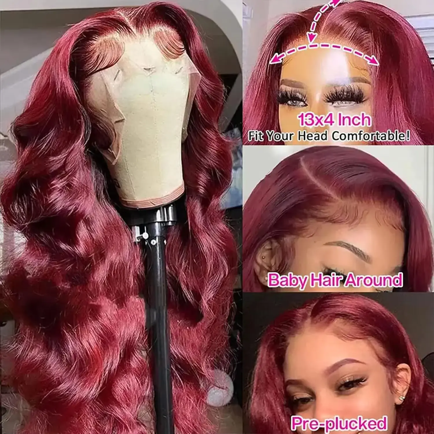 200 Density Burgundy 13x6 HD Lace Frontal Human Hair Wig Body Wave Human Hair Wigs 13x4 Transparent Lace Frontal Wig for Women