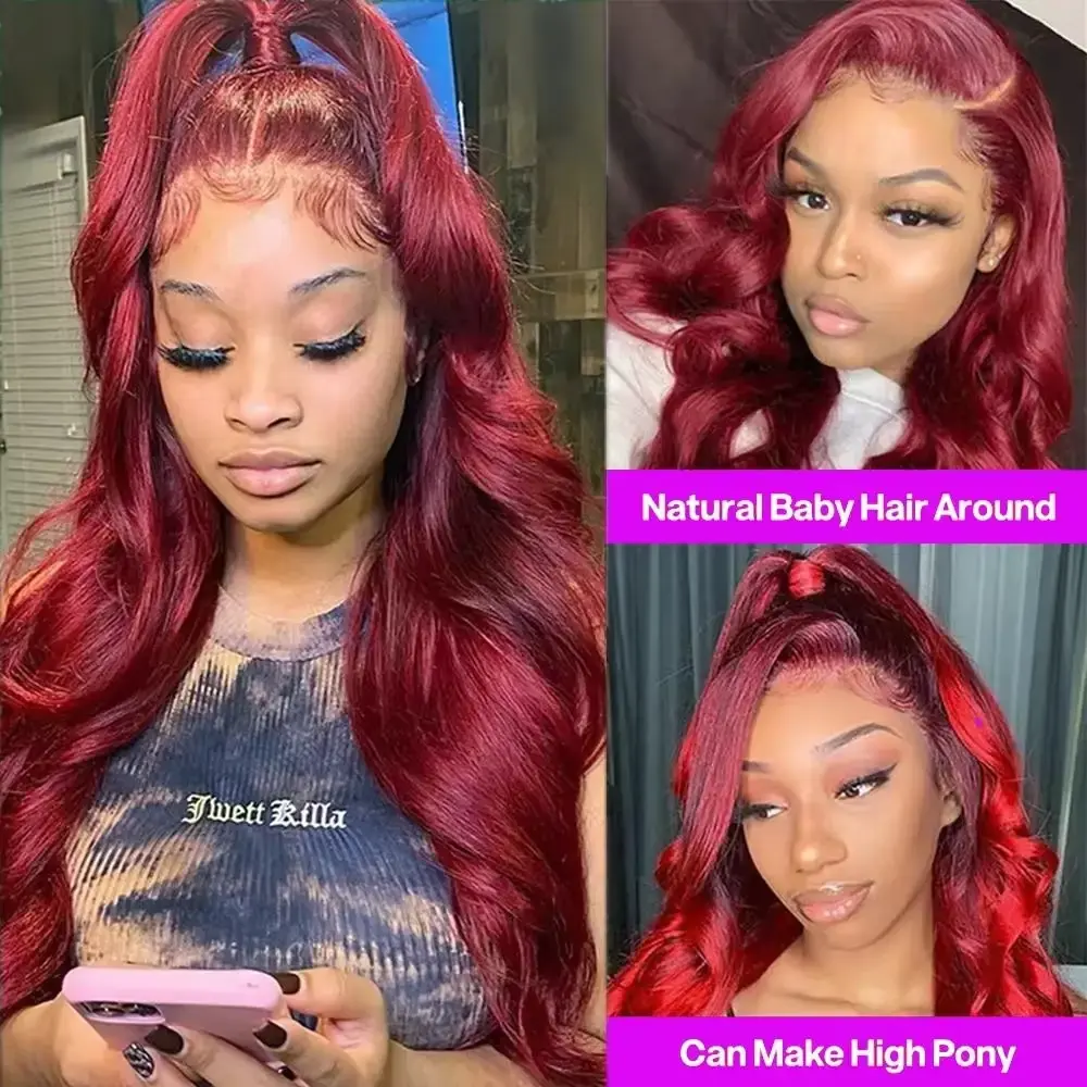 200 Density Burgundy 13x6 HD Lace Frontal Human Hair Wig Body Wave Human Hair Wigs 13x4 Transparent Lace Frontal Wig for Women