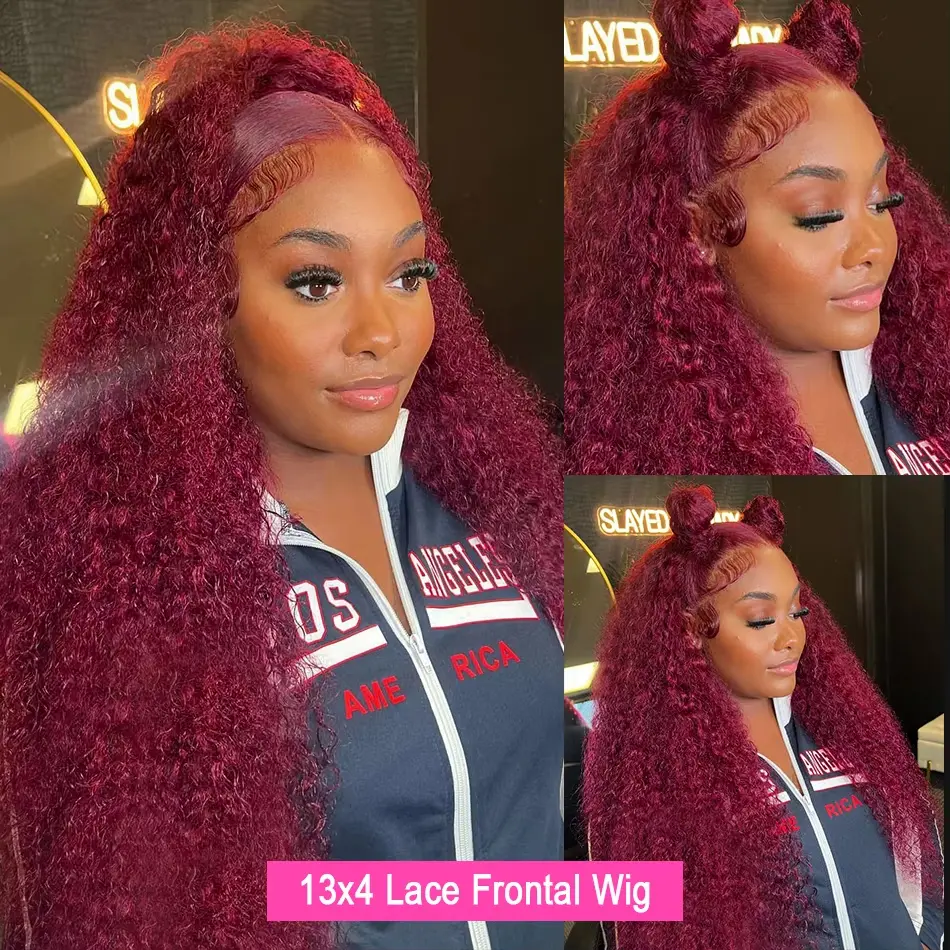 13x4 Deep Wave Frontal Wig Curly Human Hair Wig Burgundy Wig 99j HD Lace Frontal Wig 13x6 200 Density Pre Plucked on sale