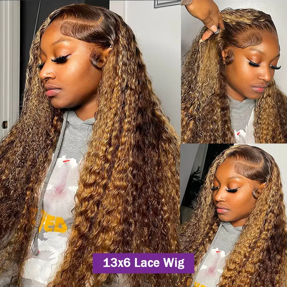 13x6 hd lace frontal human hair wig for women choice Brazilian 30 inch lace front highlight colored deep wave curly wigs on sale
