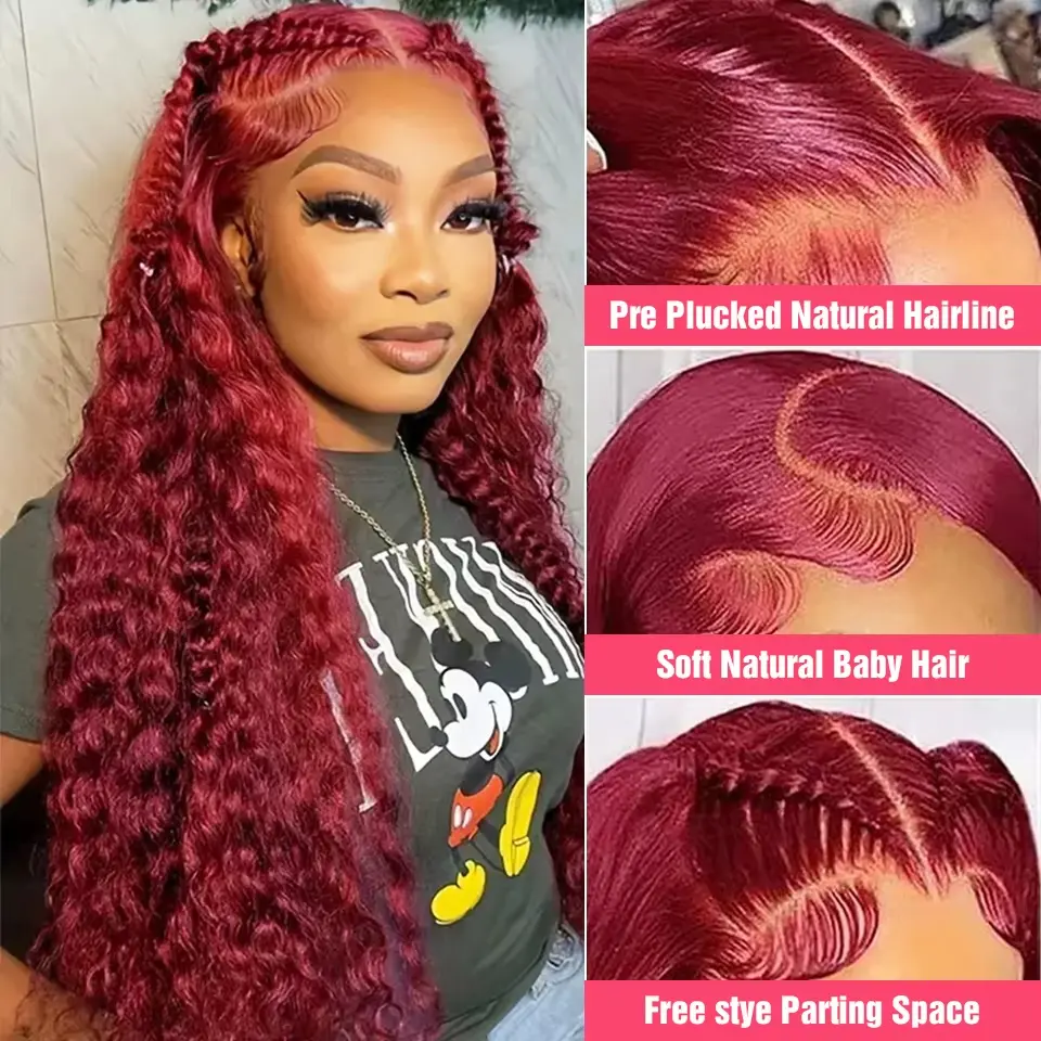 13x4 Deep Wave Frontal Wig Curly Human Hair Wig Burgundy Wig 99j HD Lace Frontal Wig 13x6 200 Density Pre Plucked on sale
