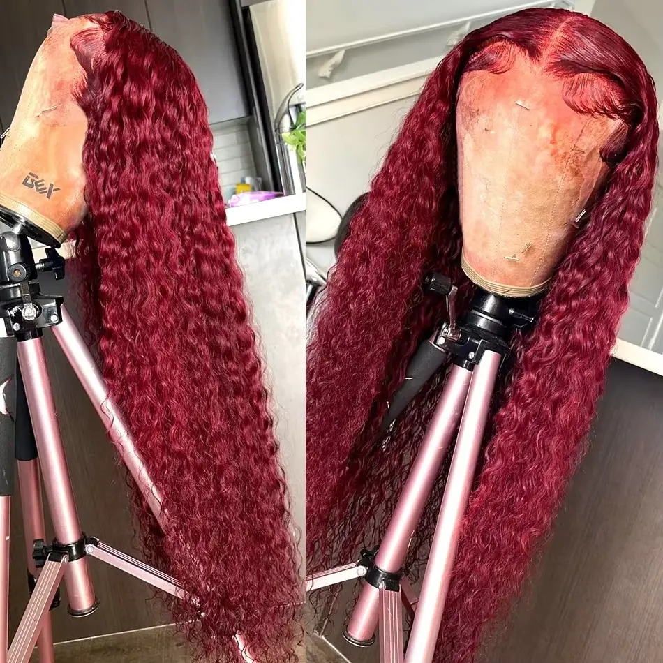 13x4 Deep Wave Frontal Wig Curly Human Hair Wig Burgundy Wig 99J HD Lace Frontal Wig 13x6 200 Density Pre Plucked for women sale