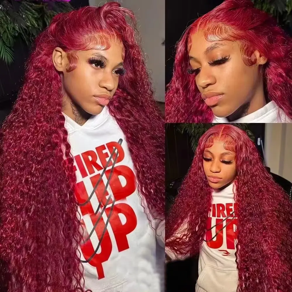 13x4 Deep Wave Frontal Wig Curly Human Hair Wig Burgundy Wig 99J HD Lace Frontal Wig 13x6 200 Density Pre Plucked for women sale