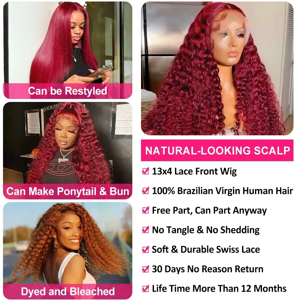 13x4 Deep Wave Frontal Wig Curly Human Hair Wig Burgundy Wig 99J HD Lace Frontal Wig 13x6 200 Density Pre Plucked for women sale