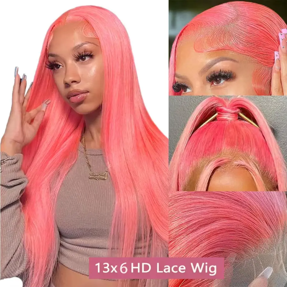 Pink Lace Front Wig Human Hair Straight Wigs Pre Plucked Human Hair Wigs 13x4 13x6 HD Lace Frontal Wig Human Hair 200 Density