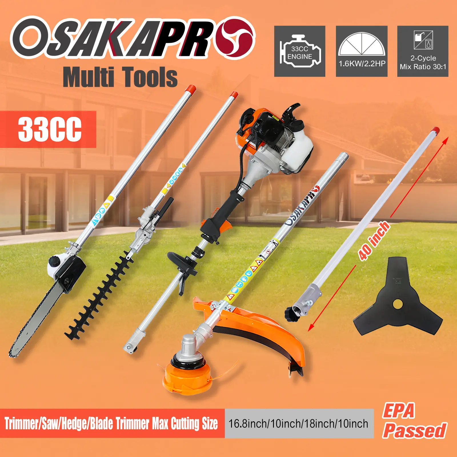 10 in 1 Multi-Functional Trimming Tool, 33CC 2-Cycle Garden Tool System with Gas Pole Saw, Hedge Trimmer, Grass Trimmer, and Bru