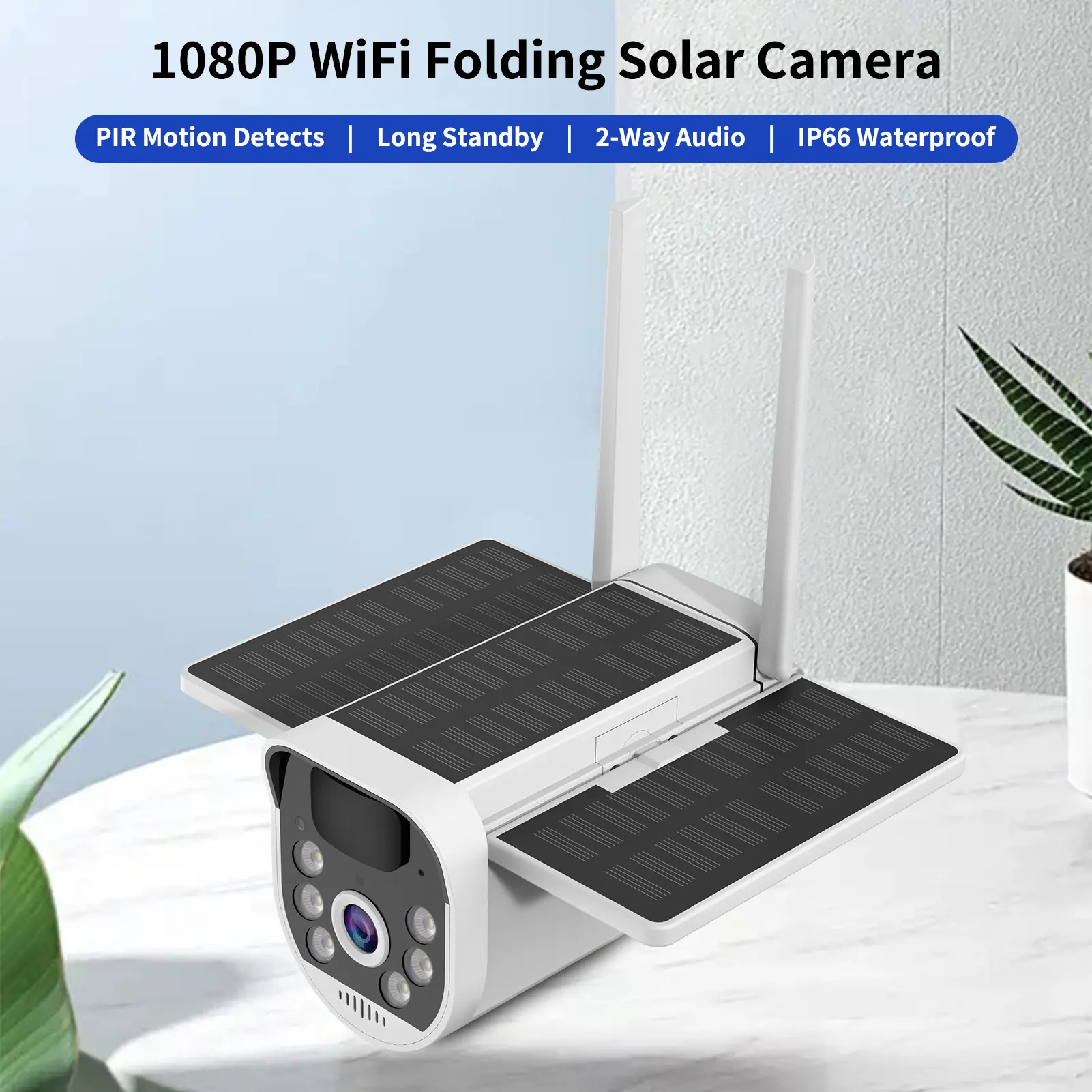 4G 1080P WiFi Folding Solar Camera Home Surveillance Camera with PIR Motion Detects Long Standby 2-Way Audio IP65 Waterproof wit
