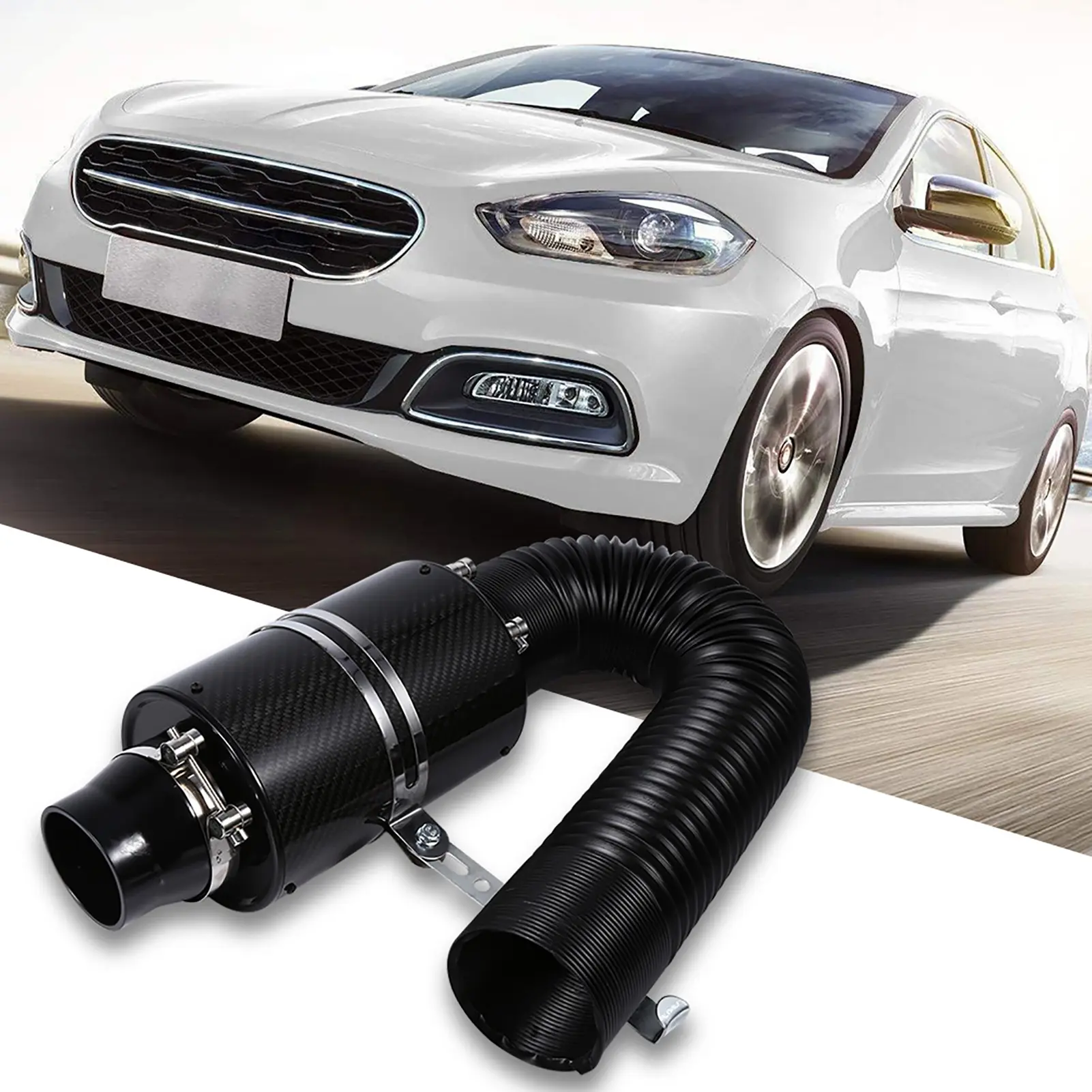 Universal Car 3" Carbon Fibre Cold Air Filter Feed Enclosed Intake Induction Pipe Hose Kit