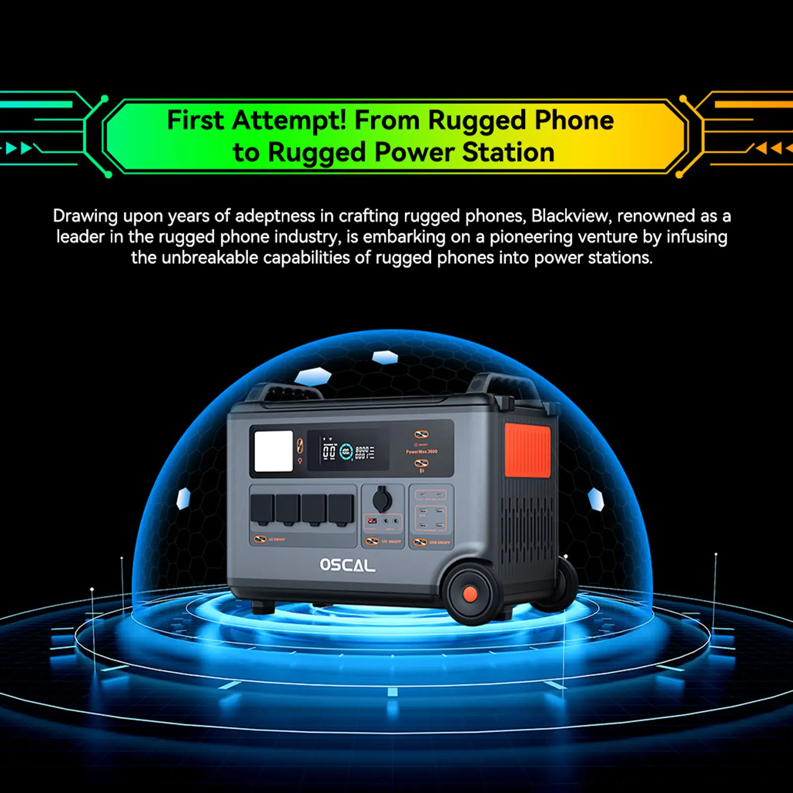 Oscal Powermax 3600 Rugged Portable Power Station 3600Wh to 57600Wh Battery Capacity 14 Outlets 5 LED Light Modes Morse Code Sig