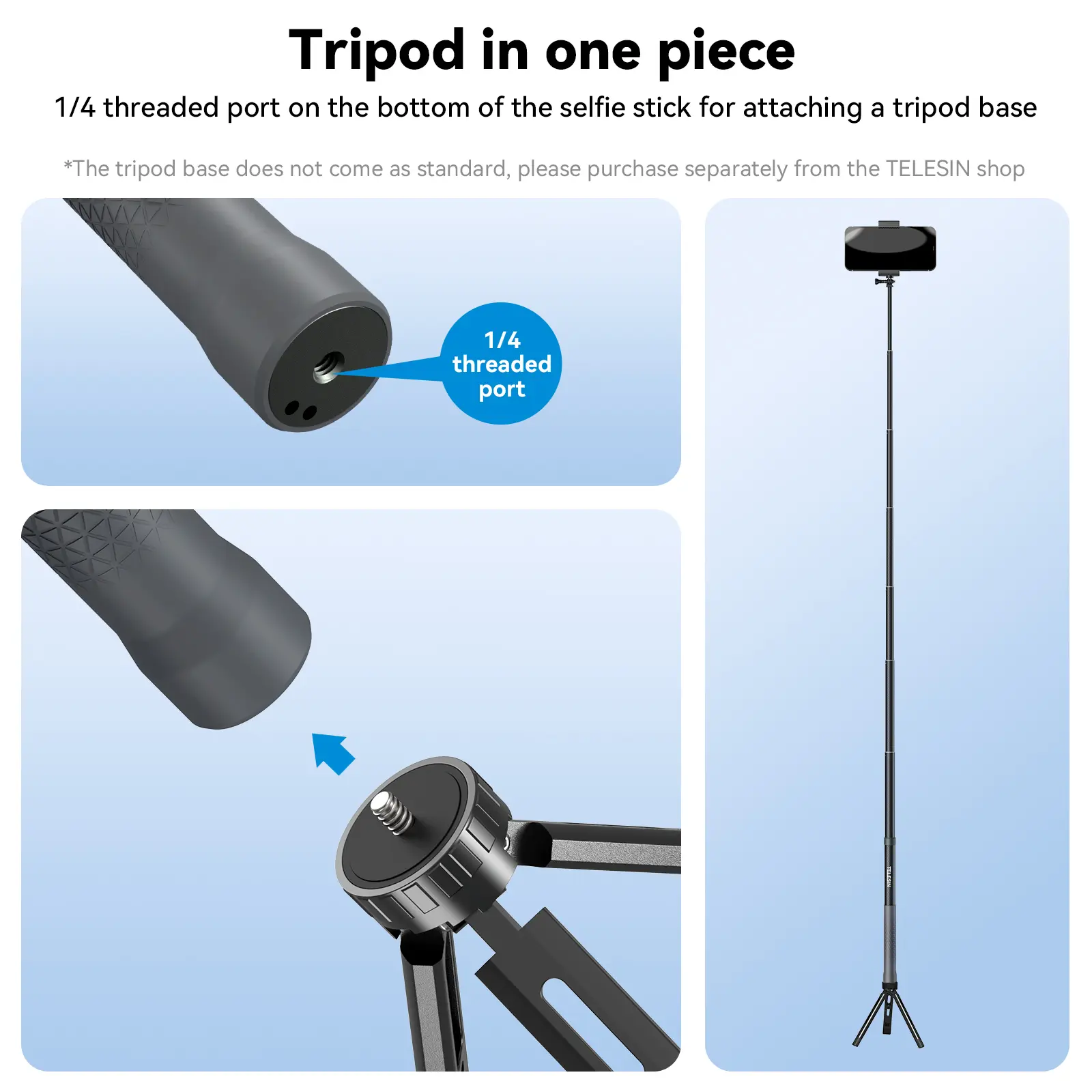 TELESIN GP-MNP-002 Portable Selfie Stick Carbon Fiber Camera Stand Bracket 32-120cm/ 12.6-47.2in Extendable with 1/4 Inch Screw
