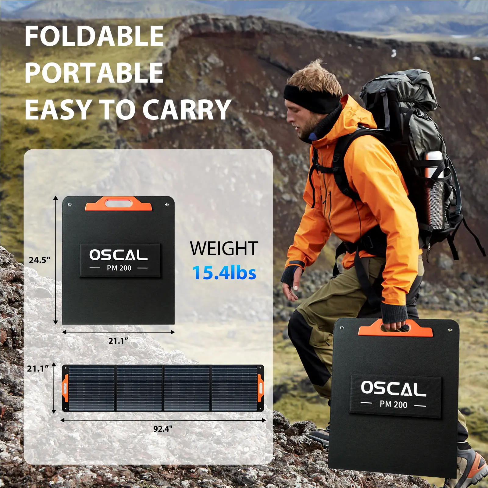 Oscal PM200 200W Foldable Solar Panel 23% Efficiency Monocrystalline Cells IP65 Water Repellent with 5-in-1 Cable Portable Solar