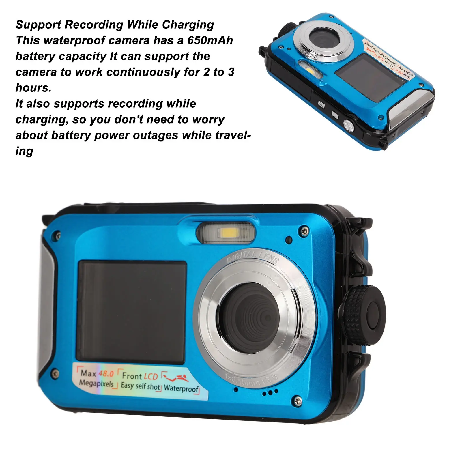 Dual Screens Waterproof Digital Camera Full HD 48MP Image Waterproof Digital Camera  USB 2.0 10ft Waterproof for Shooting