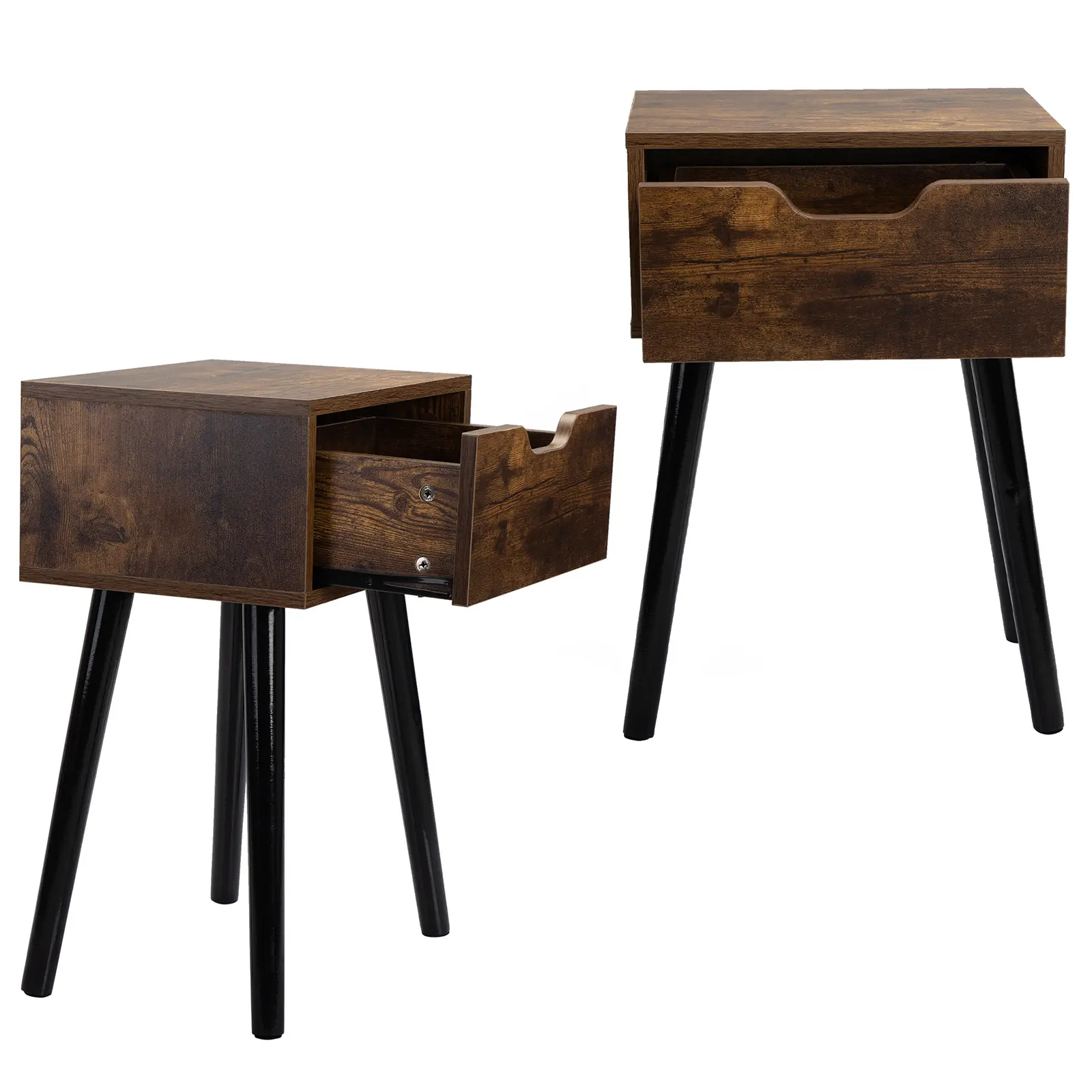 2pcs Mid Century Wood Side Table, End Table with 1 Storage Drawer, Nightstand for Bedroom Living Room, Rustic Brown and Blac