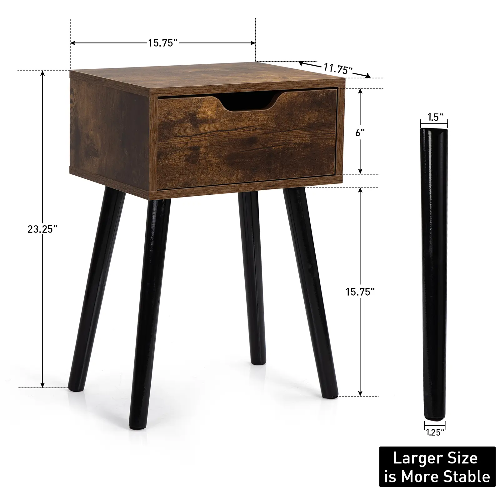 2pcs Mid Century Wood Side Table, End Table with 1 Storage Drawer, Nightstand for Bedroom Living Room, Rustic Brown and Blac