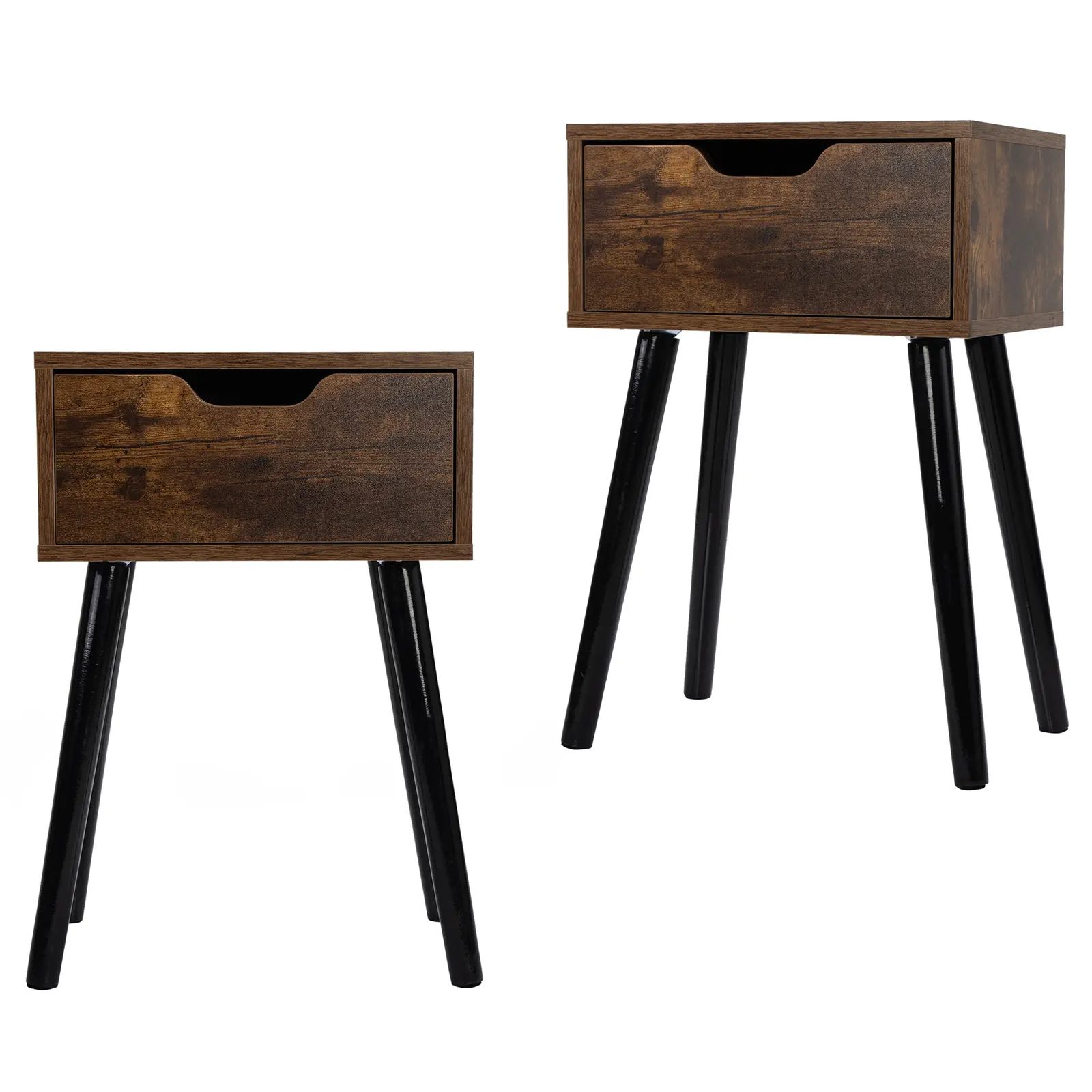 2pcs Mid Century Wood Side Table, End Table with 1 Storage Drawer, Nightstand for Bedroom Living Room, Rustic Brown and Blac