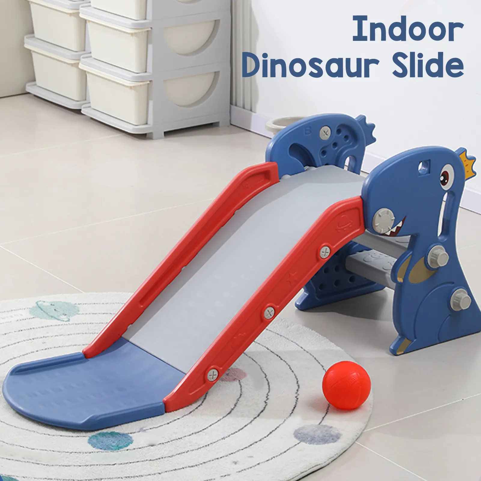 Indoor Slide Dinosaur Shape Easy To Assemble Multifunctional Blue Grab Rail Folding Slide with Basketball Hoop Climber for Home
