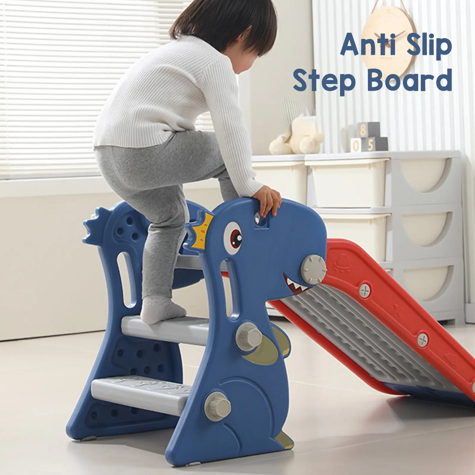 Indoor Slide Dinosaur Shape Easy To Assemble Multifunctional Blue Grab Rail Folding Slide with Basketball Hoop Climber for Home