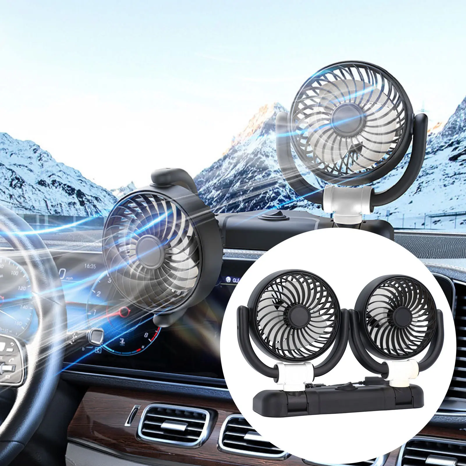 Foldable Dual Head Fan Silent Cooling 2 Speeds 360 Degree Rotation DC5V USB Vehicle Fan for Car Dashboard Foldable Dual Head Fan