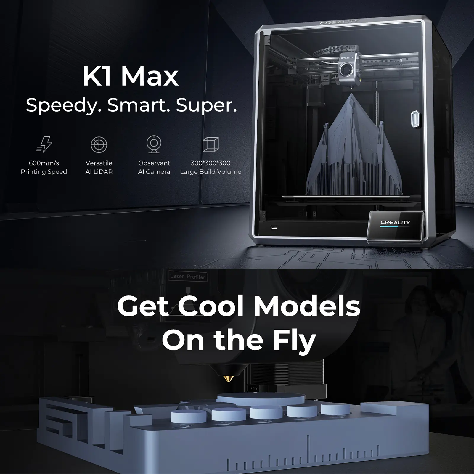 Creality K1 Max FDM 3D Printer CoreXY with 300x300x300mm Large Build Volume 600mm/s Printing Speed   Large Flow Hotend Buit-in A