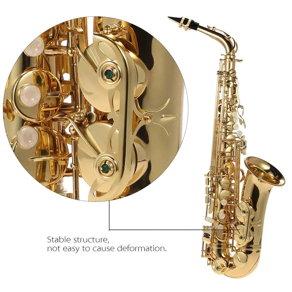 Eb Alto Saxophone Brass Lacquered Gold E Flat Sax 802 Key Type Woodwind Instrument with Cleaning Brush Cloth Gloves Strap Padded