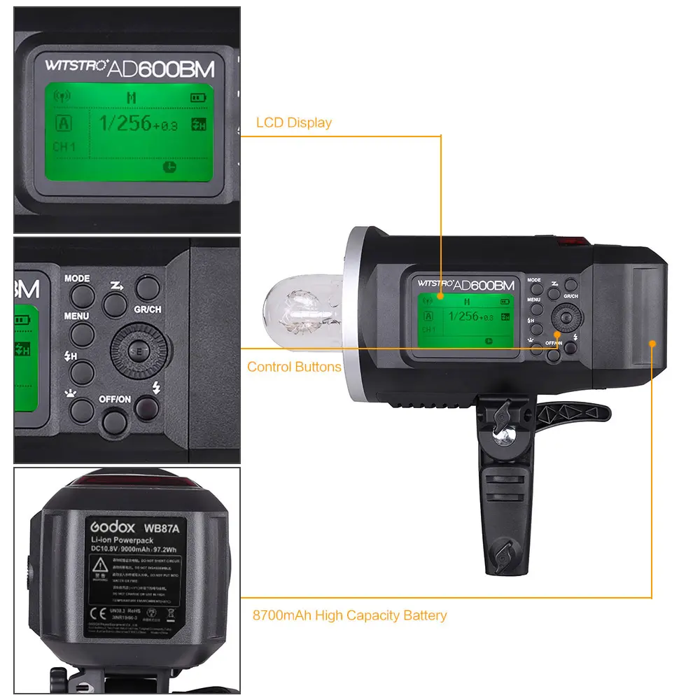 Godox WITSTRO AD600BM 600WS GN87 HSS 1/8000s Outdoor Flash Strobe 2.4G Wireless X System with 9000mAh Li-ion Battery