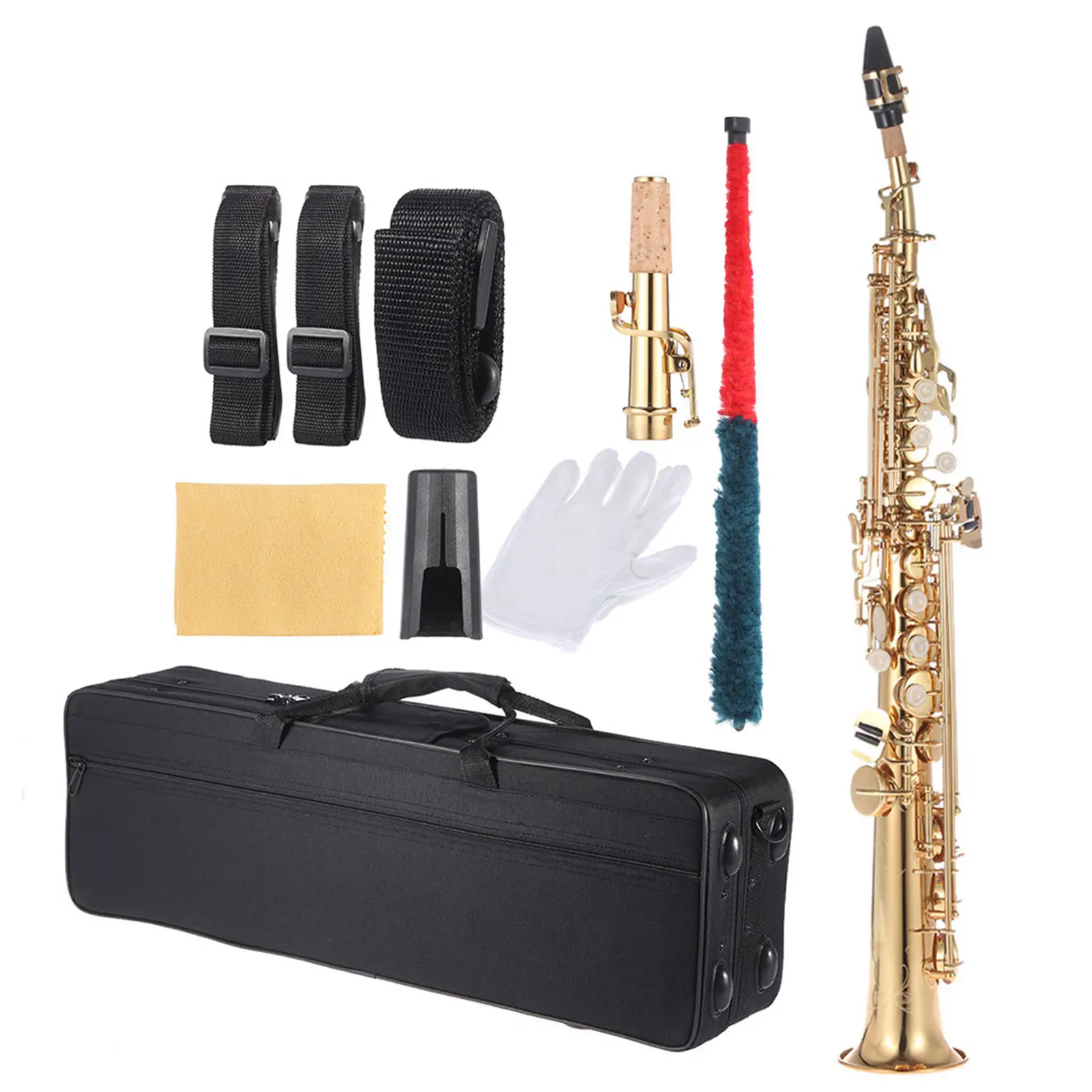 ammoon Brass Straight Soprano Bb B Flat Sax Saxophone Woodwind Instrument Natural Shell Key Carve Pattern with Carrying Case