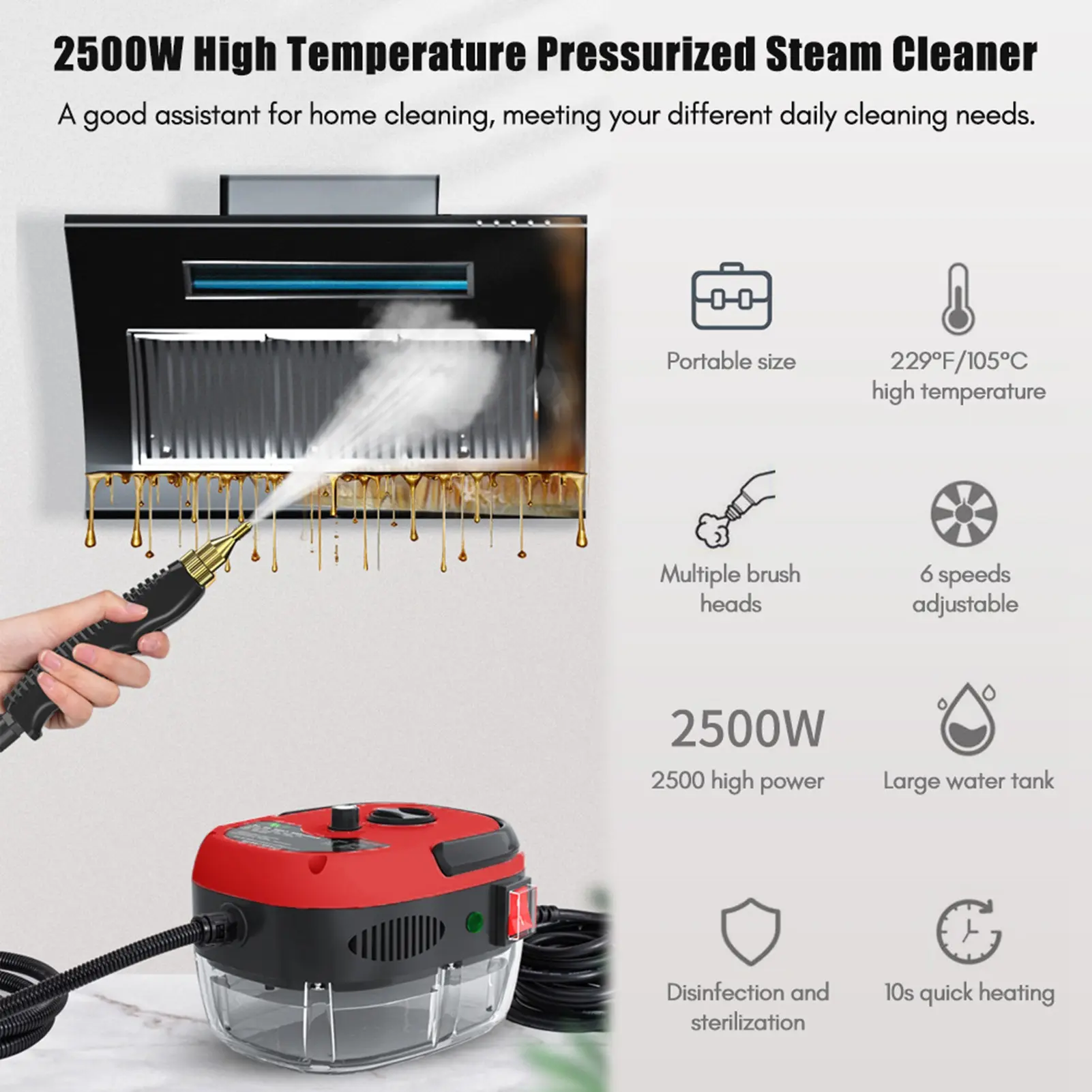 Handheld Steam Cleaner 2500W High Power 6 Speeds Adjustable Practical Steam Cleaner for Kitchen Refrigerator steam cleaner