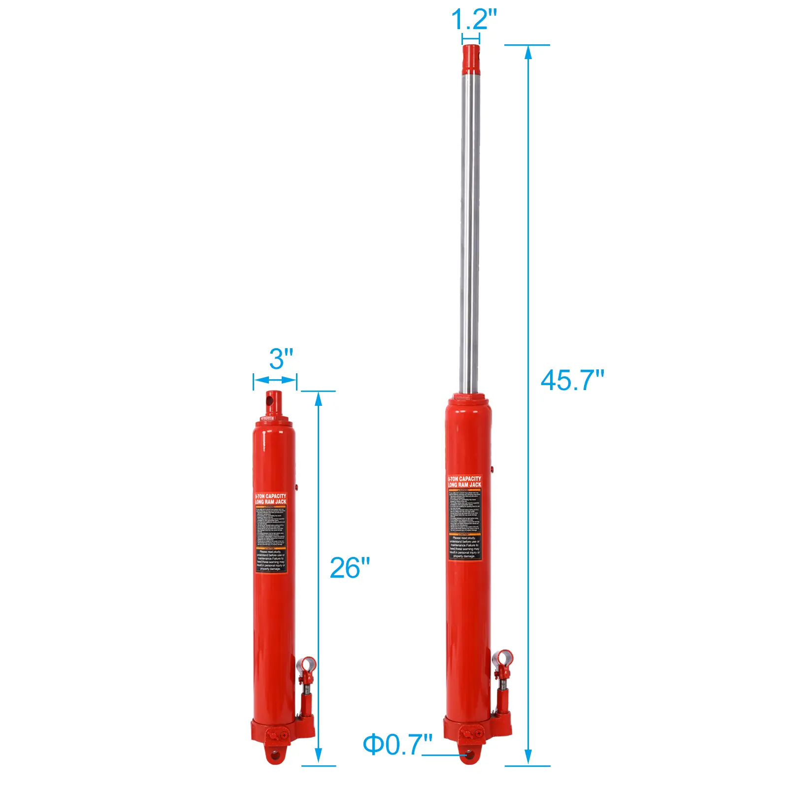 Hydraulic Long Ram Jack with Single Piston Pump and Clevis Base (Fits: Garage/Shop Cranes, Engine Hoists, and More): 8 Ton (16,0