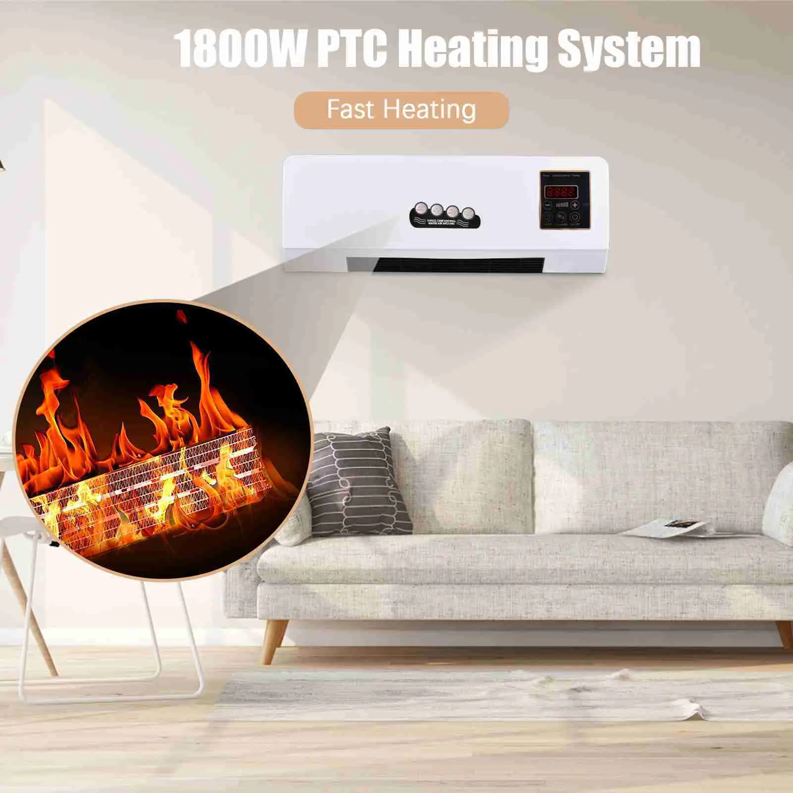Heater with Fan Heater Fan 2 in 1 Heating Nature Wind Timing Digital Display Wall Mounted Space Heater for Home  Dormitory