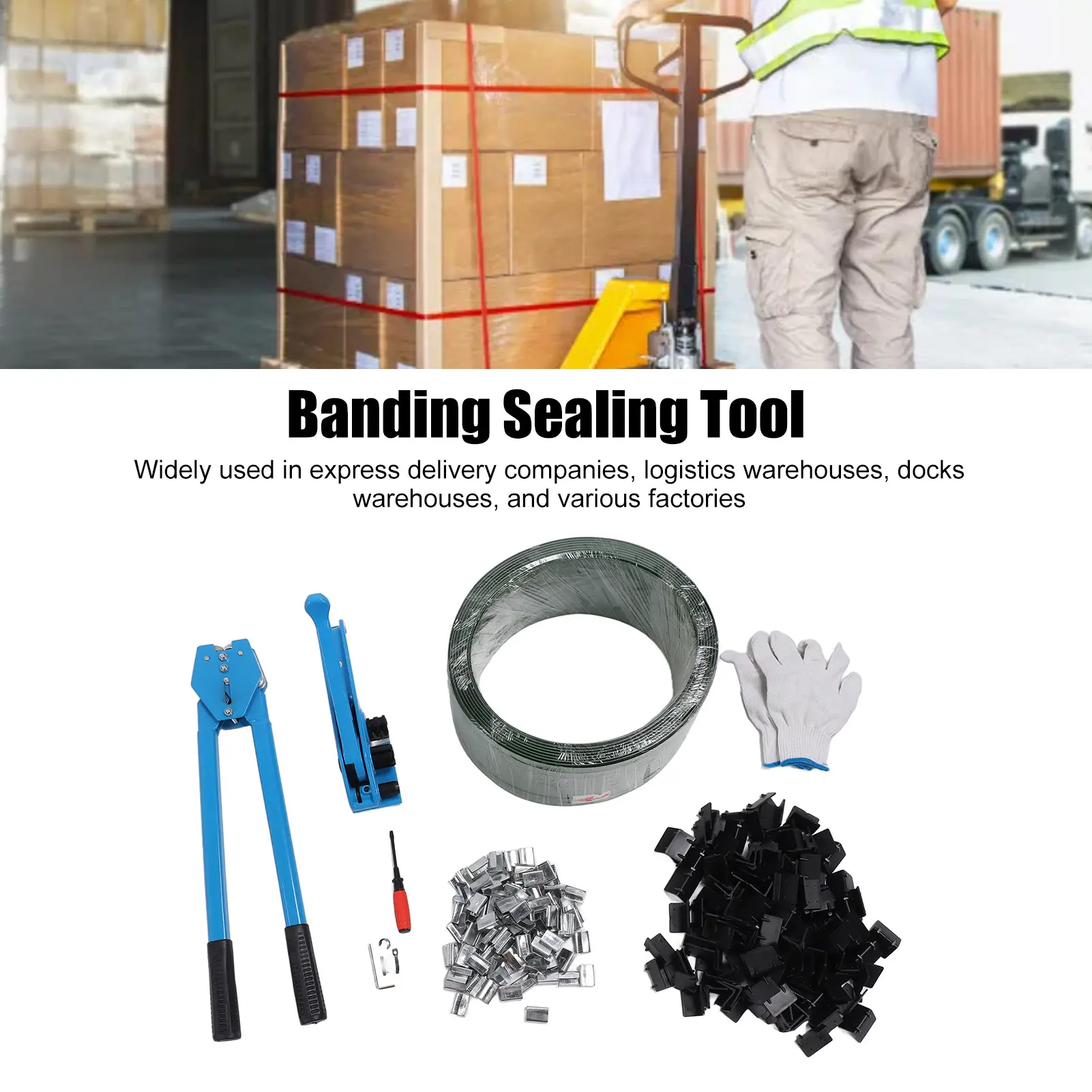 Strapping Kit Banding Strapping Kit Tensioner Sealing Tool with 200 Packaging Corner 200 Metal  and 270mx1.6cm PET Strap