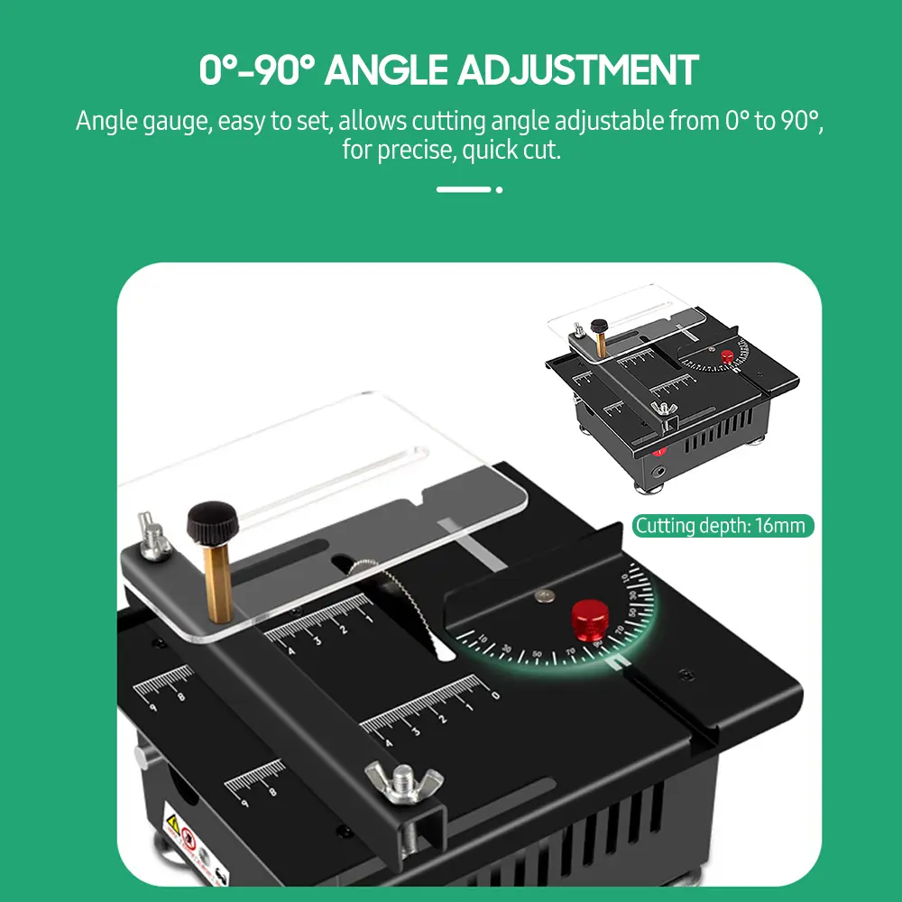 100W Multi-Functional Table Saw Mini Desktop Electric Saw Cutter Speed & Angle Adjustable Liftable Blade 16MM Cutting Depth