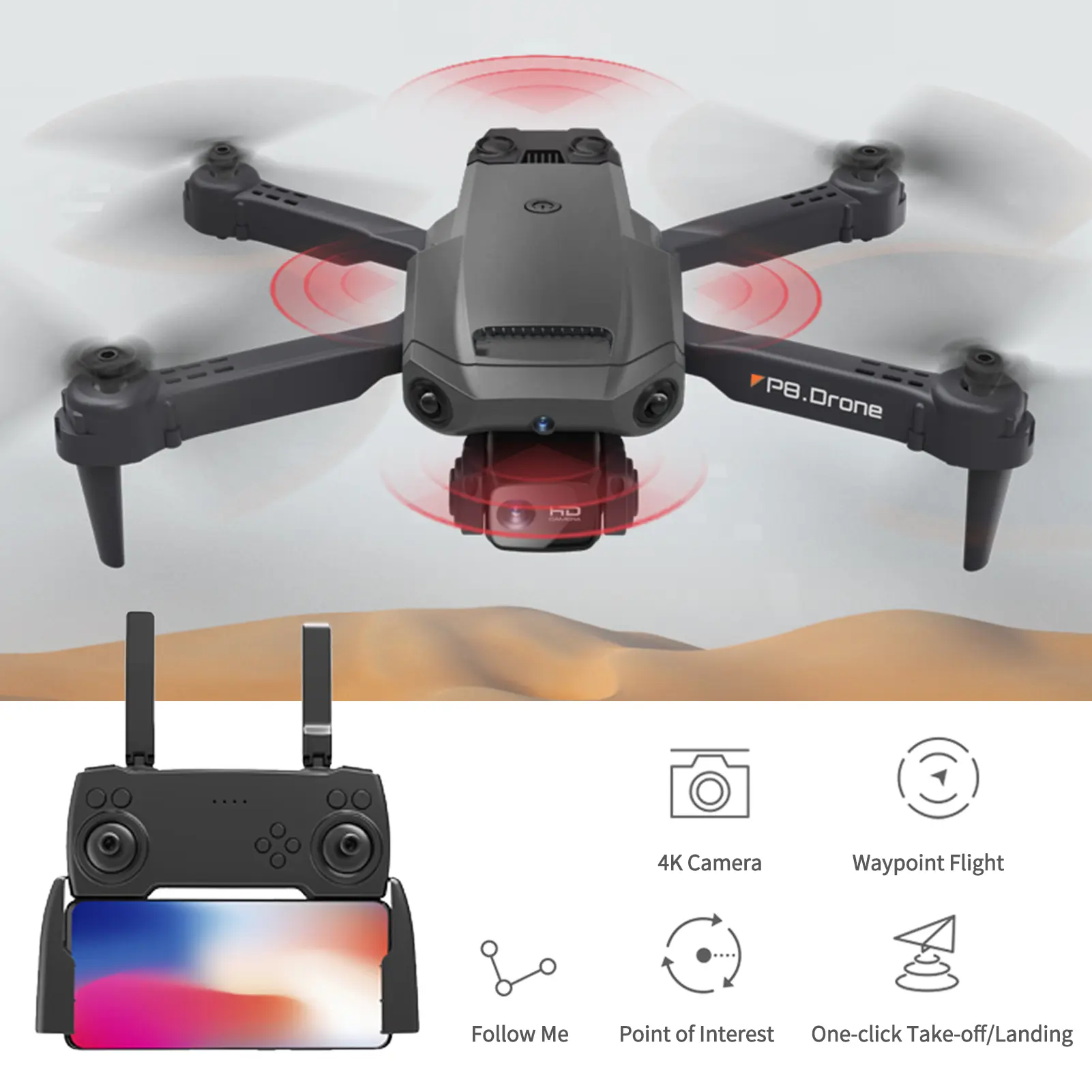 RC Drone with Camera 4K Dual Camera RC Quadcopter with Function 4 Sided Obstacle Avoidance Waypoint Flight Gesture Control Stora