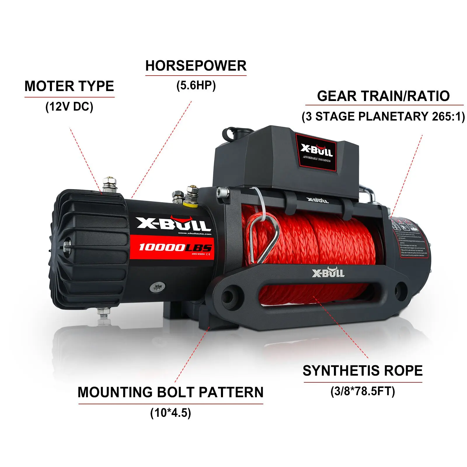 Electric Winch 10000 LBS 12V Synthetic Rope Load Capacity Red Rope Jeep Towing Truck Off Road